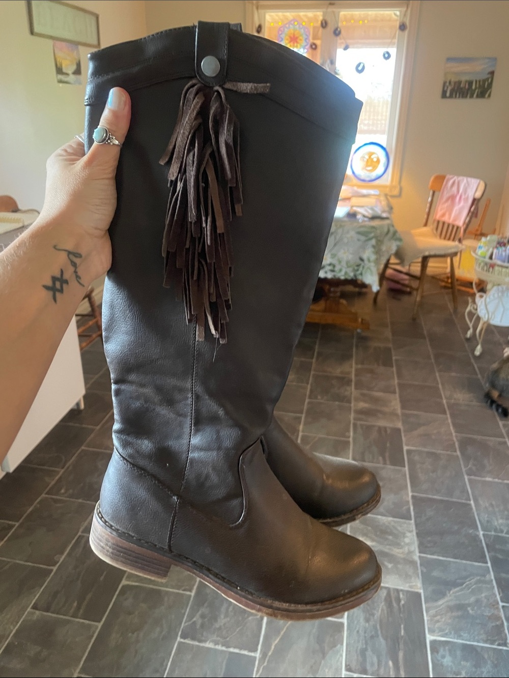 Women's Dark Brown Leather Fringe Riding Boots
